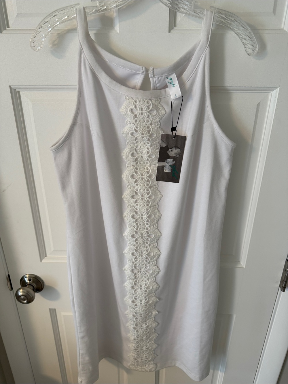 NEW women’s halter style neck white shift dress vertical crochet panel Large